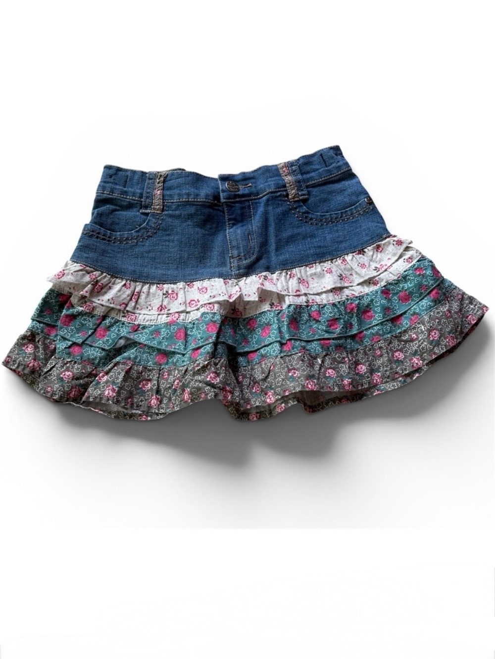 Girl Denim Ruffle Skirt 9 Pumpkin Patch layered floral cotton ruffles adjustable